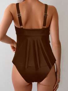 Swim Basics 女士纯色优雅扭纹前开式比基尼 - 棕色 - 查看 2
