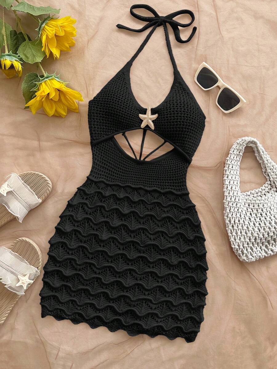 Soleia Sexy Spaghetti Strap V-Neck Hollow-Out Metallic Starfish Fitted Women Sweater Dress, Vacation, Holiday, Date, Afternoon Tea, Music Festival, Boho, Beach Resort, Summer - Black - View 1