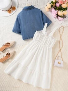 青少年女孩休闲牛仔夹克 + 白色吊带裙套装