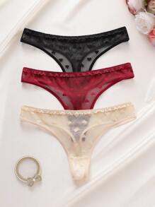 SHEIN 3pcs/Pack Women Low Waist Lace Thong Panties, Random Heart Pattern