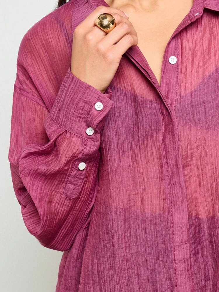 AiiRZ Oversized Lightweight Semi Sheer Button Down Blouse Autumn Winter Tunic Length Office Work Professional Loose Fit Collared Top