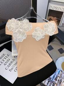 Franclia 1pc Women's Elegant Off Shoulder Floral Bodycon Top - Apricot - View 4