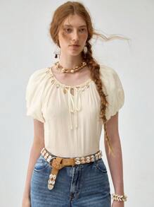 Florisole Bohemian-Stil Hemd mit Meeresmotiven, locker geschnitten, Kontrastfarben, Bindekragen, für den Sommerurlaub - Aprikosenfarben - Übersicht 4