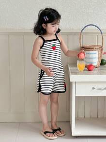 Dazy Kids 少女针织条纹吊带背心和短裤睡衣套装，夏季 - 黑與白 - 查看 6