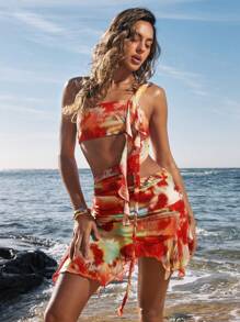 Opulessa Summer Beach Vacation Outfits Women's All-Over Print Hollow Out Ruffle Hem Sexy Sleeveless Mini Dress,Birthday Dresses For Women,Club Outfits Women Sexy