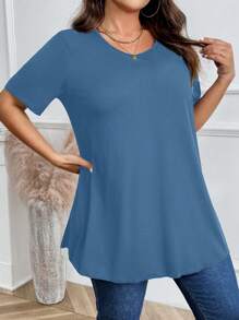Plus Size Casual Solid Color Short Sleeve T-Shirt, Versatile For Summer - Teal Blue - View 6