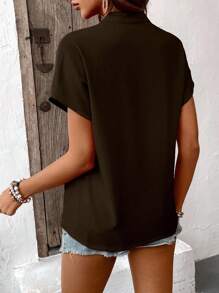 SHEIN LUNE Women's Summer Simple Solid Color Notch Collar Batwing Sleeve Blouse - Coffee Brown - View 2