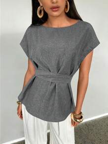 Aloruh Women's Simple Solid Color Linen-Like Blouse - Dark Grey - View 4