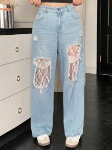 Dazy Plus 浅蓝色水洗破洞撞色蕾丝宽松直筒牛仔裤，四季皆宜