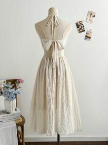 Soleia Vacation Casual Solid Color Backless Halter Neck Dress - Apricot - View 2