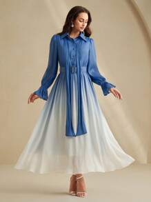 Anewsta 优雅圆领系带袖收腰渐变色雪纺印花女式连衣裙