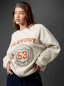 Missguided x Playboy Varsity Style Collegiate Sweatshirt Circle Logo Number Print Casual Retro Fall Winter Pullover Soft Oversized Streetwear - Beige - View 5