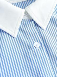 SHEIN Girlism 三件套：蓝白撞色宽松衬衫、松紧腰撞色短裤和纯白色工字背心，适合青少年女孩的舒适休闲装，适合春夏秋季 - 藍白色 - 查看 8