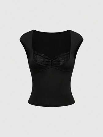 Goth Y2K Style Sexy Contrast Lace Gathered Waist Fitted Women T-Shirt, Versatile