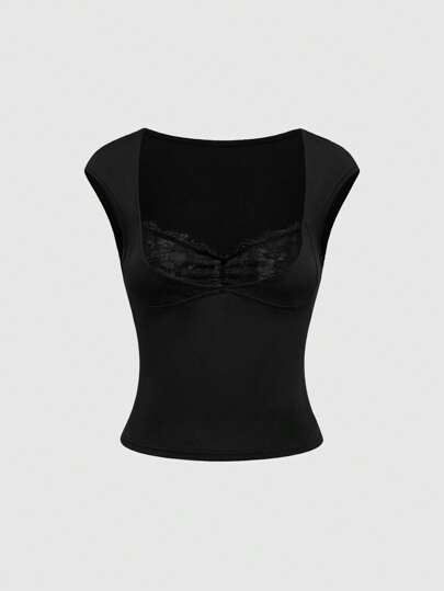 Goth Y2K Style Sexy Contrast Lace Gathered Waist Fitted Women T-Shirt, Versatile