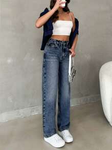 EURMUSE HIGH RISE STRAIGHT FIT BAGGY WOMEN JEANS - Medium Wash - View 1