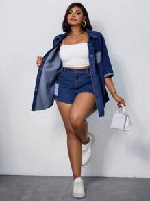 Women Plus Size Fashion Washed Denim Cargo Shorts, Elastic Waist  Summer Outfits For Women Festival Outfits - Dark Wash - View 5