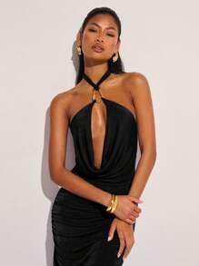 COSMINA 女式夏季性感纯色镂空露背高开衩连衣裙 - 黑色 - 查看 4