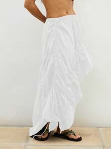 COUREZ 不对称褶皱长裙 / 女士夏季穿搭 Y2K 夏季下装 夏季外出穿搭 100%纯棉 - 白色 - 查看 5