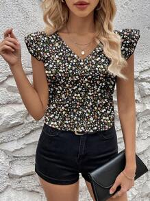 SHEIN Clasi 大码V领荷叶边袖碎花度假衬衫，夏季女款 - 黑與白 - 查看 1