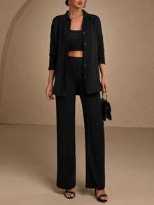 EURMUSE Set da 3 pezzi per donne: giacca monopetto a maniche lunghe a spalla cadente e pantaloni tinta unita, casual - nero - Visualizzare 6