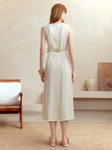 EMERY ROSE 女士优雅杏色亚麻贝壳织带麻绳腰带中长连衣裙，圆领无袖设计，新款秋季女教师开学礼服 - 高端法式优雅，休闲办公风格，全白派对装女士 - 杏色 - 查看 2