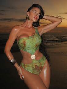 Swim SXY 新款女士金属装饰镂空单肩泳衣 - 彩色 - 查看 5