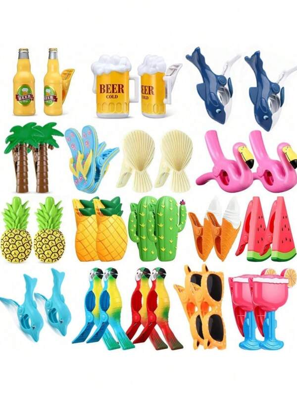 SHEIN 2pcs Beach Towel Clip Summer Portable Chair Holder Large Plastic Clothes Clip Parrot Watermelon Flamingo Ice Cream Pineapple Cactus Coconut Tree Style Clothesline, Graduation Season, Back To School Season Towel Clip