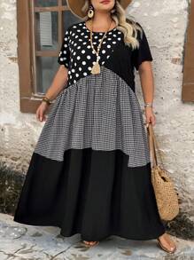 SHEIN CURVE+ 大码女式夏季波尔卡圆点和格子印花圆领宽松短袖连衣裙夏季/乡村/海滩度假装/沙滩装/沙滩装 - 黑與白 - 查看 8