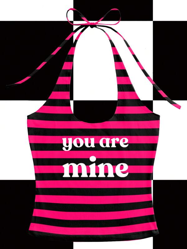 Shutterstock Y2Kool Pink & Black Striped Contrast Color "You Are Mine" Slogan Halter Neck Vest Top, Suitable For Summer, Vacation, Party, Everyday Wear Club Going-Out Back To School 2000s Style