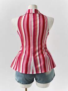 Flirla Damen Große Größen figurbetontes gestreiftes V-Ausschnitt Ärmellos Lässig Hemd