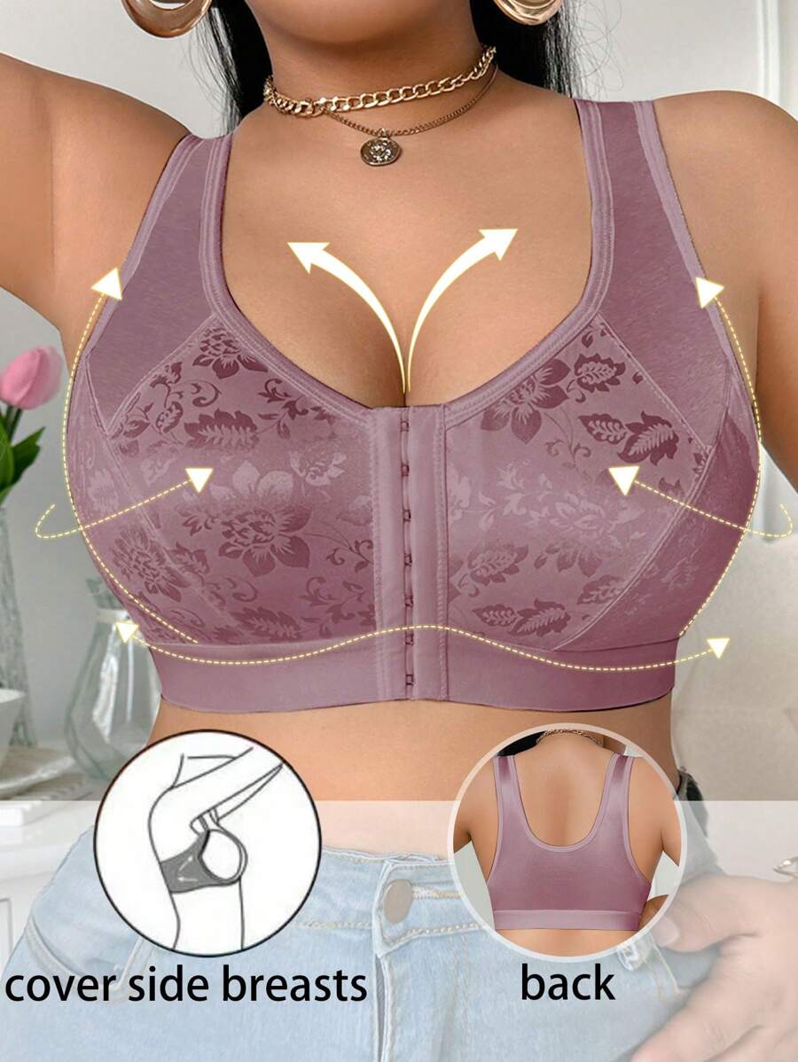 1 件大码女式前扣花卉提花无钢圈文胸，提升型