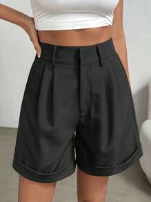 SHEIN PETITE Quần short cạp cao xếp ly màu trơn có túi dành cho nữ, mùa hè - màu đen - Xem 3