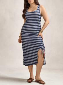SHEIN LUNE Vestido sin mangas holgado con lazo en los hombros y abertura lateral a rayas, para vacaciones de verano, atuendos de playa, vestidos de cumpleaños, vestidos casuales de negocios, vestidos bohemios, vestidos elegantes para fiestas, adecuado para primavera/otoño, vacaciones y citas - Azul - Ver 1