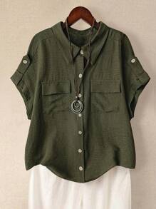 Linhara Plus Size Women's Solid Color Full Button Down Collar Short Sleeve Double Pocket Casual Comfortable Fashion Shirt