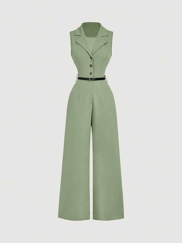 SHEIN MOD Combinaison vintage menthe avec col de costume et ceinture, combinaison élégante, combinaison pour sortir, combinaison Western, tenues de vacances