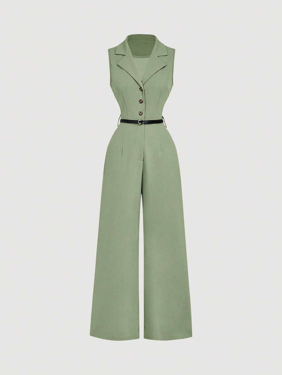 SHEIN MOD 复古薄荷色连体裤，配西装领和腰带，优雅连体裤，外出连体裤，西部连体裤，假日服装 - 薄荷綠 - 查看 1