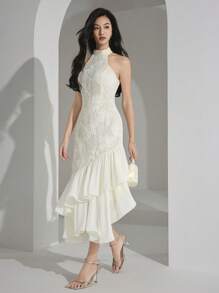 Heiryn Women's Elegant Jacquard Patchwork Ruffle Hem Halter Midi Dress - Apricot - View 5