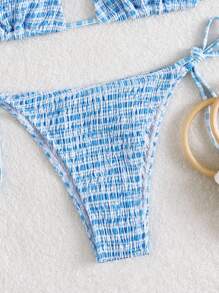 Swim Mod Plaid Print Halter Neck Tied Front Split Bikini Set For Summer Beach Vacation - Blue - View 4