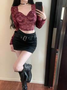 DAZY 扎染甜心领修身长袖上衣情人节、返校服装 - 紅色 - 查看 5