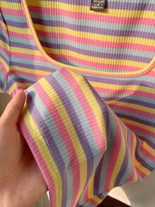 Comfortcana 3pcs/Set Colorful Striped Short Sleeve Square Neck Casual Loose T-Shirt, Plus Size Tops, Summer Top - Multicolor - View 5