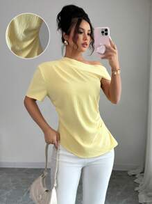 Modelyn French Style Asymmetrical Shoulder Slim Fit Blouse For Women - Yellow - View 1