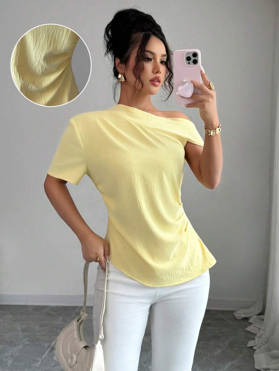 Modelyn French Style Asymmetrical Shoulder Slim Fit Blouse For Women - Yellow - View 1
