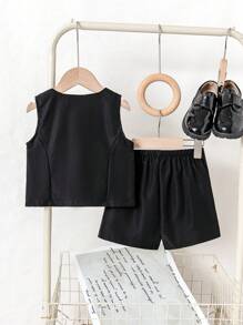 Set casual 2 buc pentru fete: vestă cu imprimeu halter și fustă plisată, potrivită pentru vară, naveta și timpul liber - Negru - Vizualizare 2