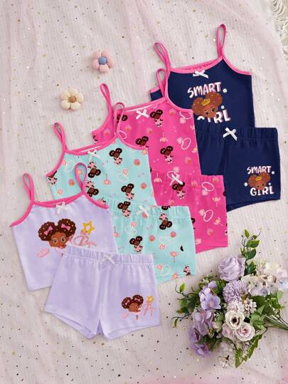 8 件女童可爱印花吊带背心和三角裤内衣套装，简约时尚，适合小女孩