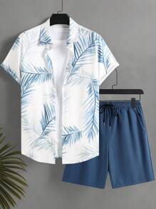 Manfinity KASUA Men's Tropical Plant Print Short Sleeve Single Breasted Shirt And Shorts Set, Holiday Outfit Men Vacation Set Shorts Men Tropical Print Set Men Summer Shirt And Short Set