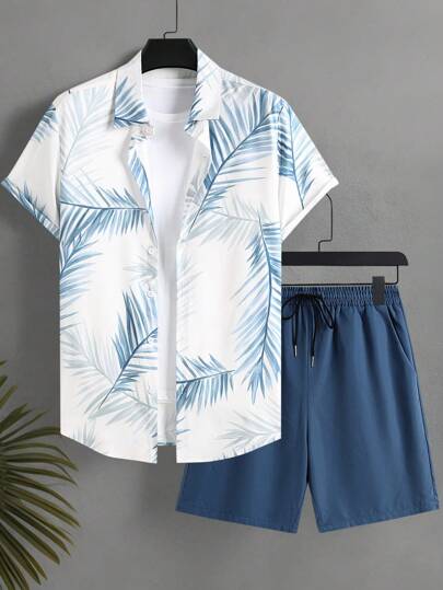 Manfinity KASUA Men's Tropical Plant Print Short Sleeve Single Breasted Shirt And Shorts Set, Holiday Outfit Men Vacation Set Shorts Men Tropical Print Set Men Summer Shirt And Short Set