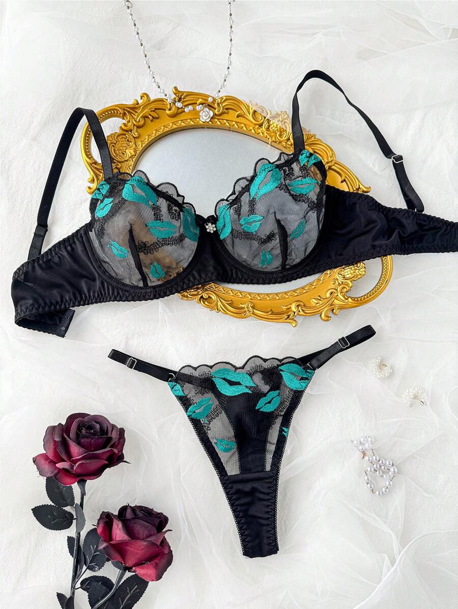 SHEIN 2pcs Embroidered Mesh Sexy Lingerie Set For Women