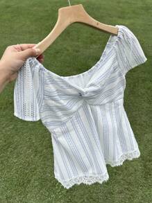 DAZY Áo thun tay ngắn cổ chữ V họa tiết kẻ sọc và lưới ren đục lỗ cho nữ, thanh lịch, mùa hè, áo babydoll - Màu xanh bạc hà - Xem 3