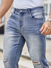 Manfinity VCAY 男士休闲破洞弹力锥形牛仔裤 - 藍色 - 查看 4